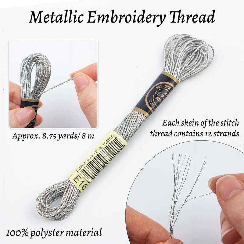 krastmon 6 Skeins Embroidery Thread, Metallic Silver Embroidery Floss Friendship Bracelet String, Polyester Cross-Stitch Threads Friendship Bracelet String for Hand Embroidery, String Art - Image 2